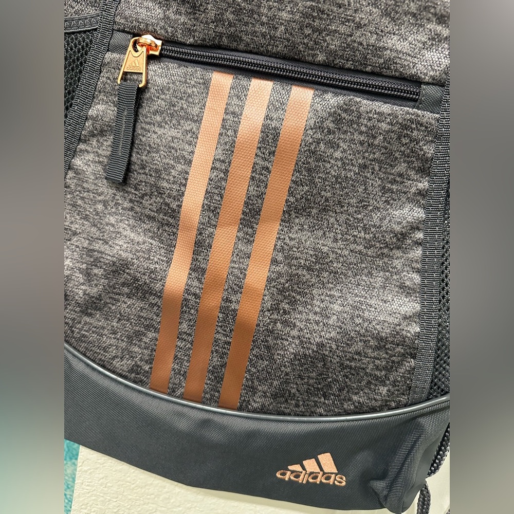 adidas Men’s Gray Drawstring Backpack with Copper Stripe Accents - Picture 2 of 4